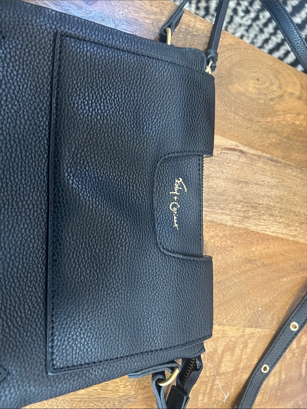 Foley + Corinna Black Pebbled Leather Mini Crossbody with Gold Logo